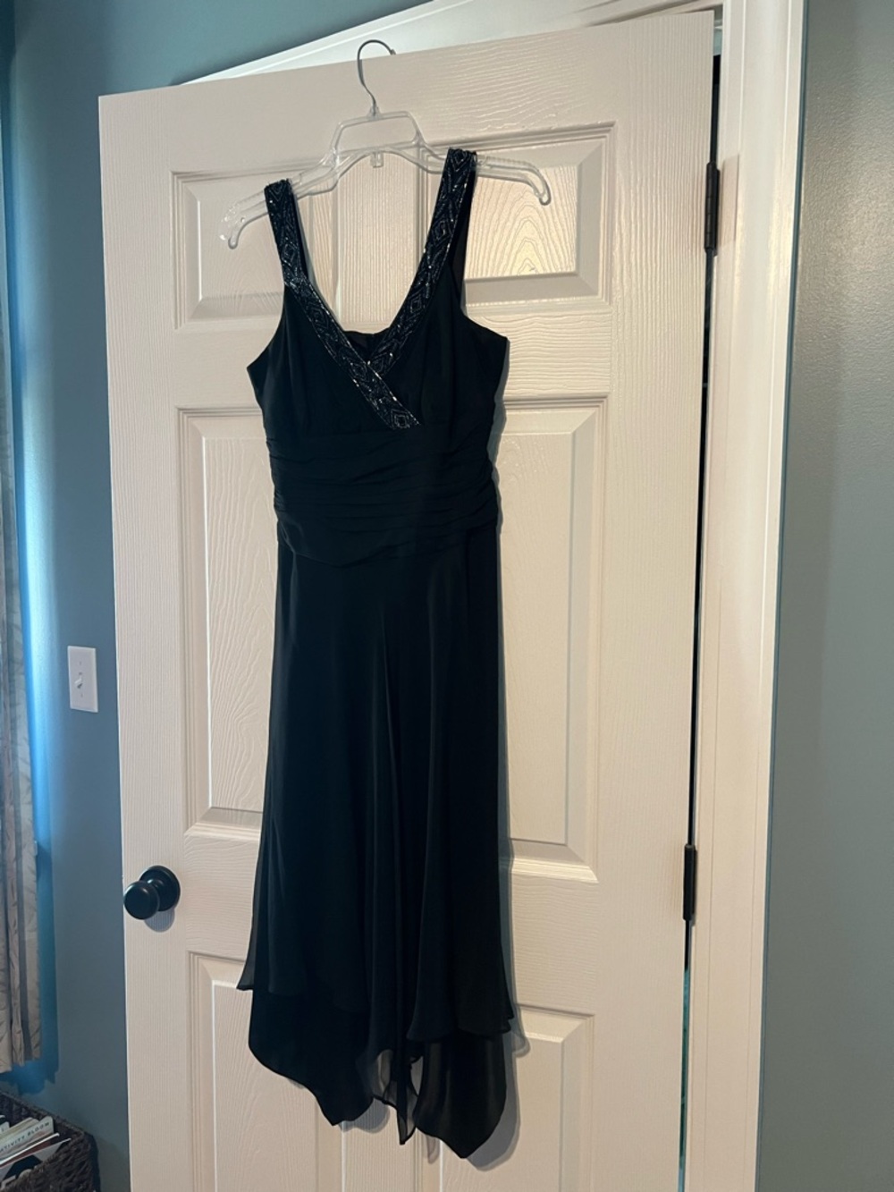 Donna Ricco Black High-Low Evening Dress with Beaded Straps